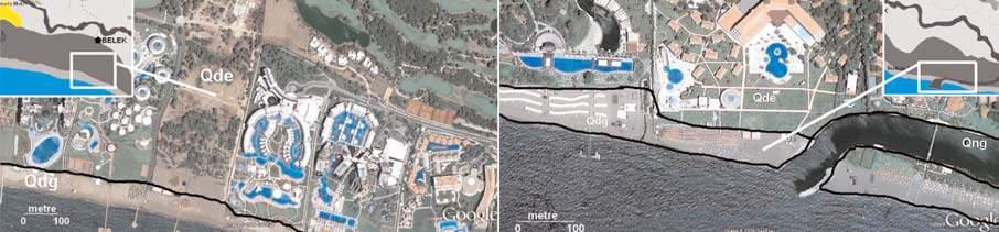 Satellite photos showing the spread of ancient marine sediments (Qde) and recent marine sediments (Qdg) in the study area.