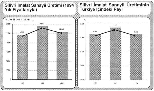 Silivri gerek alan gerekse nüfus itibariyle küçük bir ilçe olmasına karşın Türk imalat sanayii üretimi içinde küçümsenemeyecek bir paya sahiptir, 1994 fiyatlarıyla üretim değerleri göz önüne