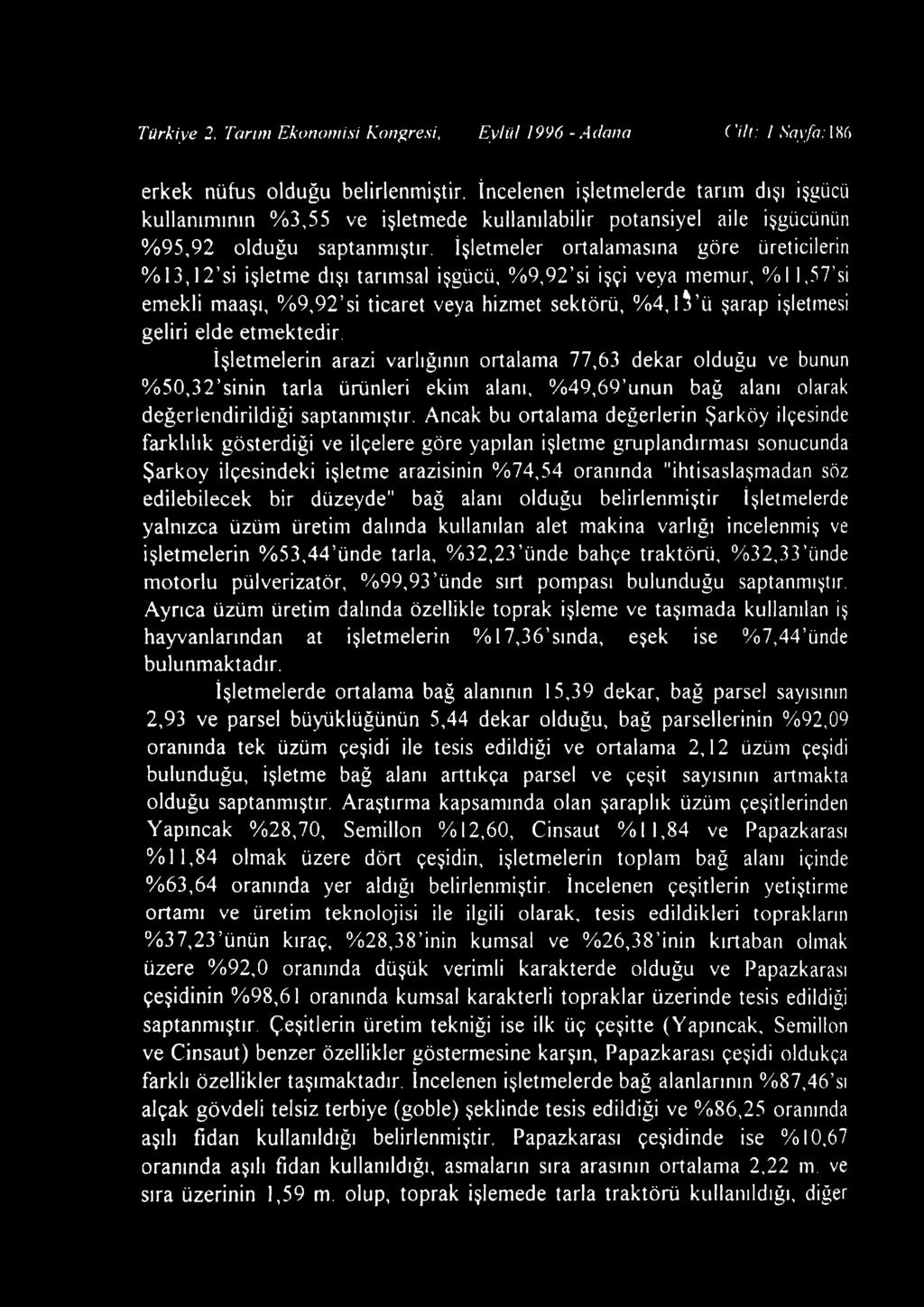 İşletmeler ortalamasına göre üreticilerin % 1 3,1 2 si işletme dışı tarımsal işgücü, % 9,9 2 si işçi veya memur, % l 1,57 si emekli maaşı, % 9,9 2 si ticaret veya hizmet sektörü, % 4,l V ü şarap