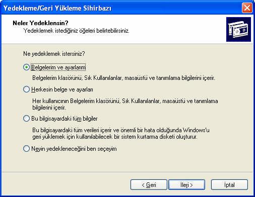 Bunun için; Başlat Programlar Doantılar Sistem Araçları Yedekleme sırası takip edilerek yedekleme sihirbazı başlatılır.