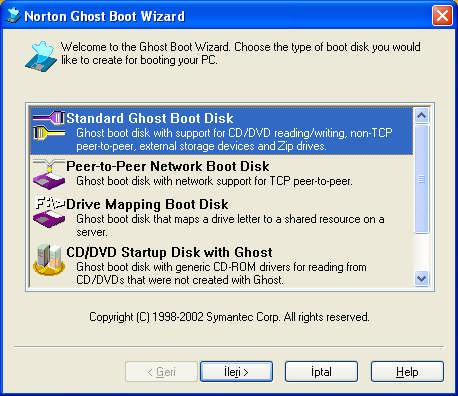 Programımızı Başlat Programlar Norton Ghost 2003 Norton Ghost ile çalıştıralım ve aşağıdaki pencereye ulaşalım. Backup :Mevcut disk yada partitionun birebir kopyası tek dosya haline paketlenir.