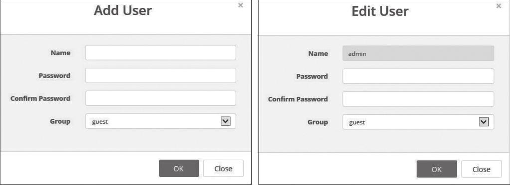 Haga clic en la opción Agregar, Editar o el botón Eliminar para la gestión de la cuenta de usuario. Agregar Para agregar un nuevo usuario: 1.