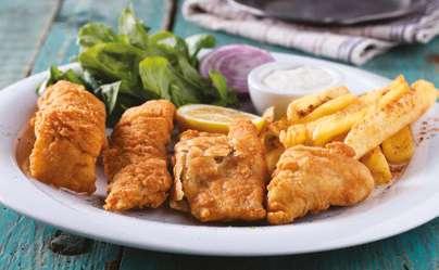 Buğday risottosu, roka, kırmızı soğan ve limon ile fish & chips SOMON