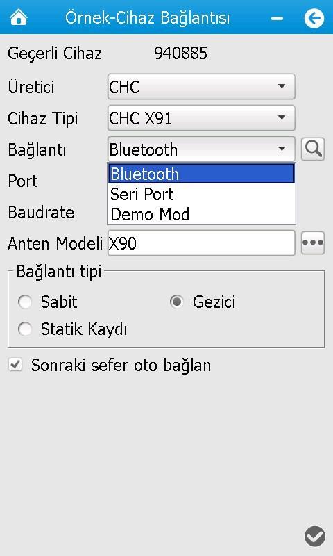 1-Bağlantı Ayarları Bağlantı menüsü kontrol ünitemiz ile GNSS alıcımız arasında bağlantısını ayarladığımız aynı zamanda