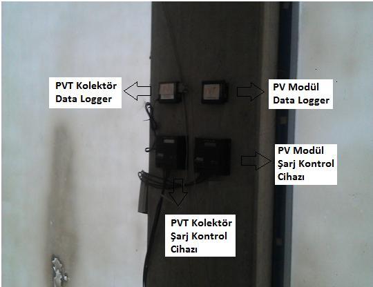 52 ġekil 3.33.Deney sisteminden bir görünüm-7 ġekil 3.33'de PV modül ve PVT kolektör e ait veri kayıt cihazları ve Ģarj kontrol cihazları görülmektedir.