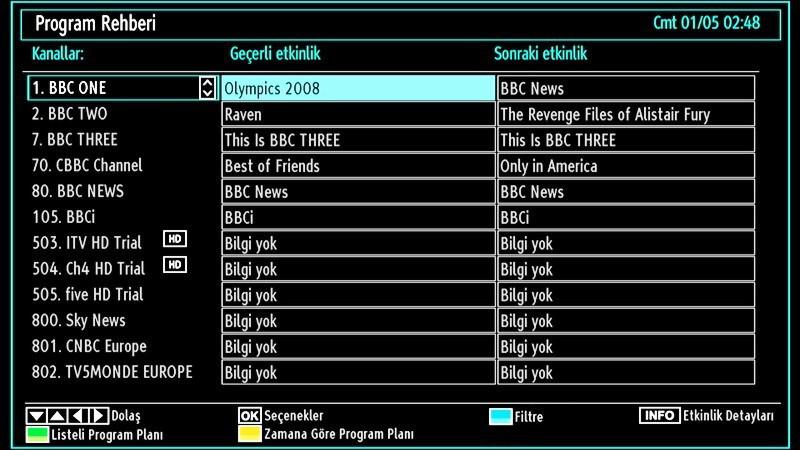 Elektronik Program Rehberini Görüntüleme (EPG) (Electronic Programme Guide) Elektronik program rehberini (EPG) mevcut programlar hakkındaki bilgileri görüntülemek için kullanabilirsiniz.