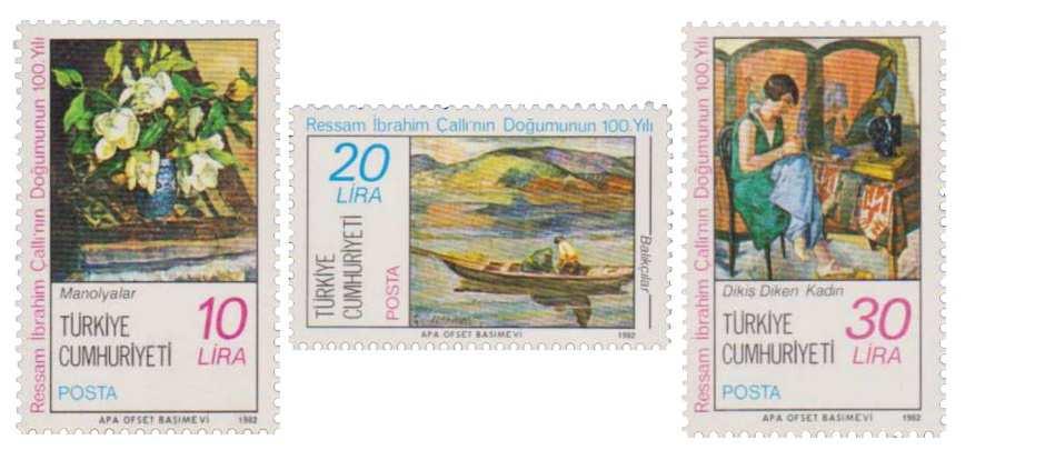 1982 yılında (17 Mart) Ressam İbrahim Çallı nın doğumunun 100. Yılı anısına bastırılan pullarda sanatçıya ait Balıkçılar, Manolyalar ve Dikiş Diken Kadın tabloları konu edilmiştir.
