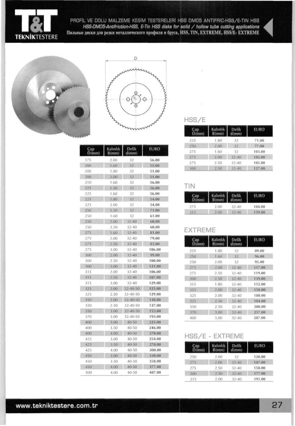 TEKNiKTESTERE PROFIL VE DOLU MALZEME KESlM TESTERELERl HSS DM05 ANTIFRIC-HSS/E-TIN HSS HSS-DM05-Antifriction-HSS, E-Tin HSS disks for solid / hollow tube cutting applications Пильные диски для резки