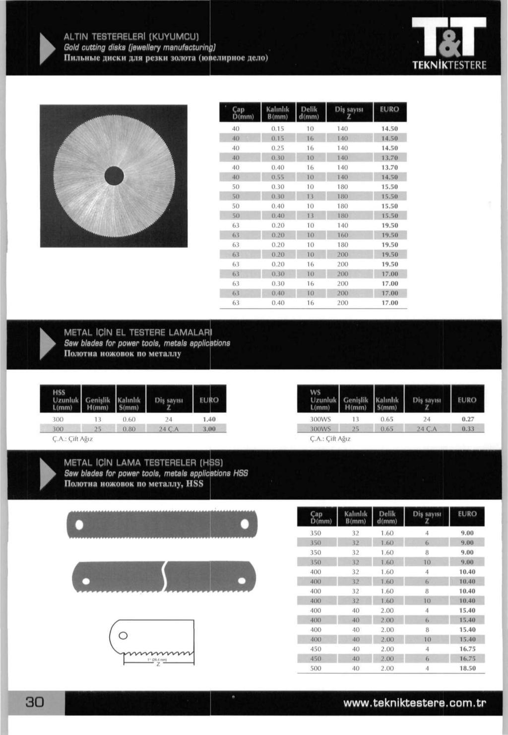 ALTIN TESTERELERI (KUYUMCU) Gold cutting disks (jewellery menufecturin\]) Пильные диски для резки золота (ювелирное дело) TEKNIKTESTERE 1)(П1П1 Hi I Kalmhk B(mni) 0. II ", Dtllk d(mm) 1 и, Dis.