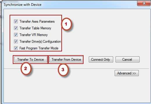 Şekil 6 : Cx-Motion Pro da CJ1W-MCH72 ye online olmak 7. Açılan pencerede tüm seçenekler işaretlenerek (1) Transfer From Device (3) ile CJ1W-MCH72 den program çekilebilir.