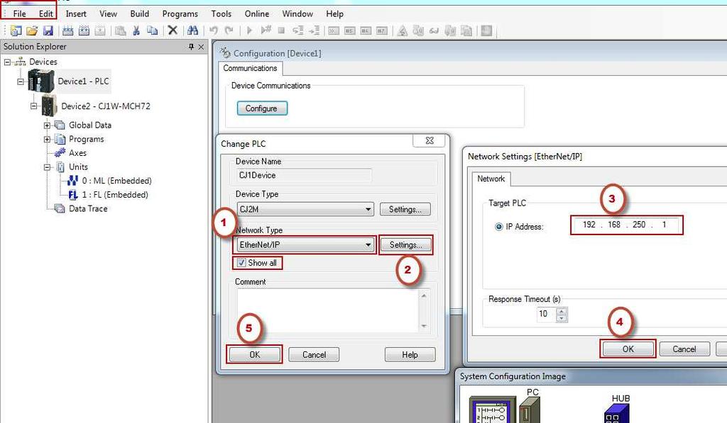 3. Açılan Change PLC penceresinde bağlanılmak istenilen PLC seçilir. Network Type kısmında Ethernet/IP seçeneği seçilir. Settings butonuna tıklanarak Network penceresinde IP adresi (192.168.250.