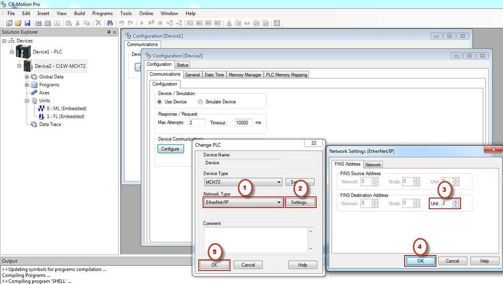 5. Açılan pencerede Network Type [Ethernet/IP] olmalıdır. Settings seçeneğine tıklanır ve Unit:2 ayarları yapılır. (Unit adresi CJ1W-MCH72 üzerindeki rotary switchler ile ayarlanan ünite adresidir.