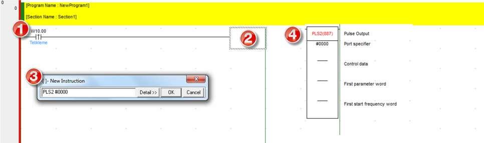 Şekil 3 : Port Seçimi OK tuşuna basıldıktan sonra 4 numara daki komut sayfaya otomatik olarak eklenir. PLS2 komutunun ladder kısmının 2.