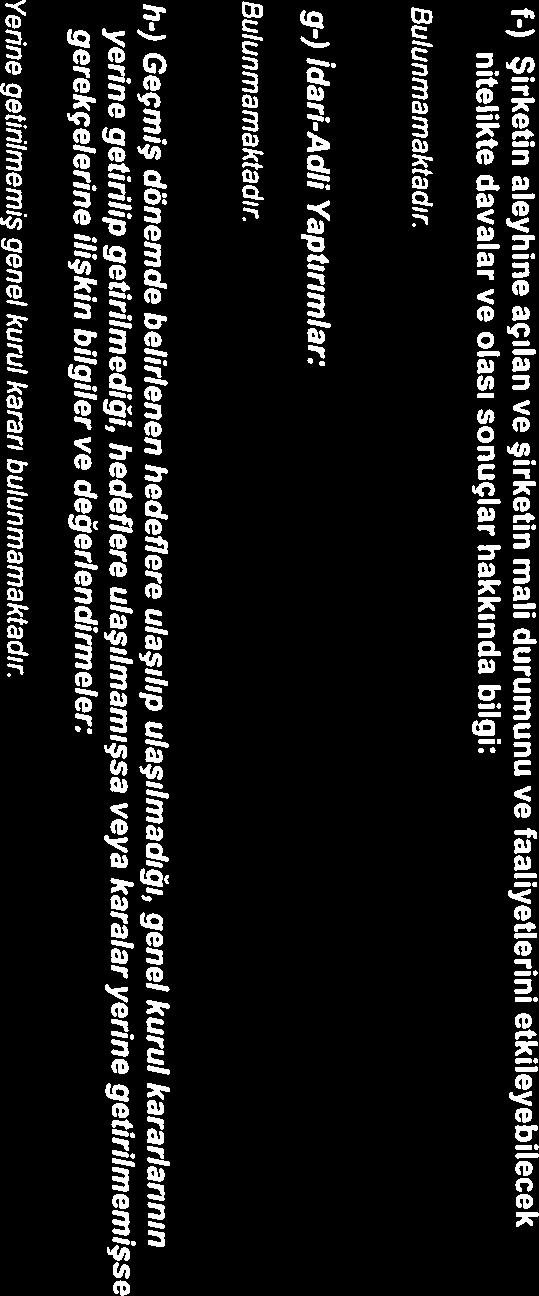 faaliyetlerini etkileyebilecek nitelikte davalar ve olası sonuçlar hakkında bilgi: g-) İdari-Adli Yaptırımlar: h-) Geçmiş dönemde belirlenen hedeflere ulaşılıp ulaşılmadığı, genel kurul kararlarının