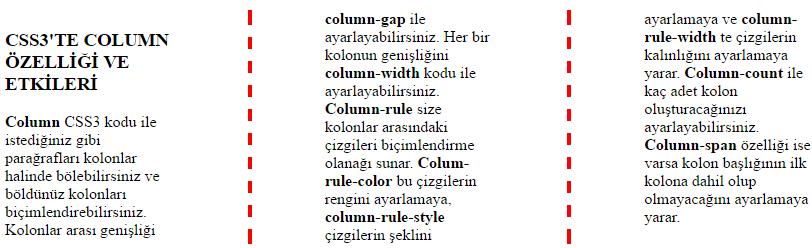 Column-span: başığın kolonlara dahil olup olmayacağını ayarlamada kullanılır..ornek{ column-count: 3; } column-gap:150px; column-rule :dashed 4px red; h3 { column-span:1; } Öğr. Gör. M.