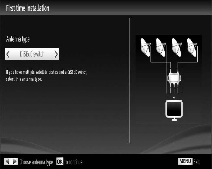 You can select Antenna type as Direct, Unicable or DiSEqC switch by using or buttons.