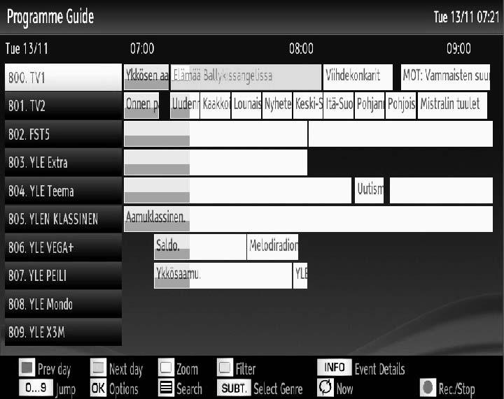 EPG List schedule Red button (Prev Time Slice): Displays the programmes of previous time slice. Green button (Next Time Slice): Displays the programmes of the next time slice.