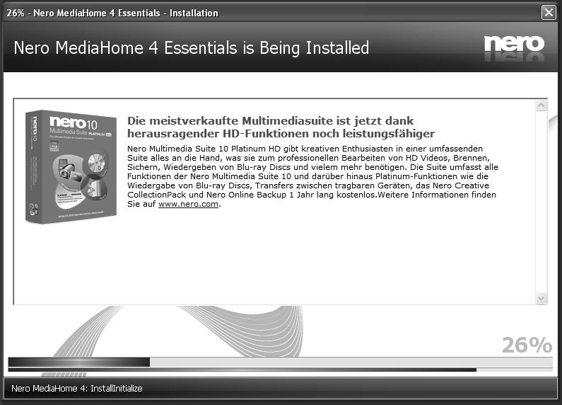 If applications are missing they are listed and must be installed before continuing installation. 10. Installation fi nishes. The Help us to Enhance Nero Software screen is displayed.