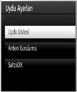 Anten Kurulumu: Bu bölümde, anten ayarlarını değiştirebilir ve yeni kanallar için tarama yapabilirsiniz. SatcoDX (opsiyonel): Uydu Ayarlarını kullanarak SatcoDX işlemlerini gerçekleştirebilirsiniz.