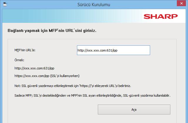 1 Yazıcının nasıl bağlandığı sorulduğunda [Bir IPP veya IPPS bağlantı noktasını kullanın] seçin ve [iıleri] düğmesini tıklayın.