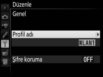 Genel Profil adını düzenlemek için Profil adı seçeneğini seçin, bir profil şifresi girmek ve şifre korumasını ekinleştirmek veya devre dışı bırakmak için Şifre koruma seçeneğini seçin.