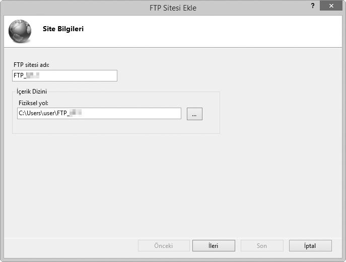 Bir FTP Sunucusu Oluşturma 10 Site bilgilerini girin. Ftp yüklemesi için kullanılacak olan siteyi adlandırın ve ftp yüklemesi için kullanılacak klasörün yolunu seçin.