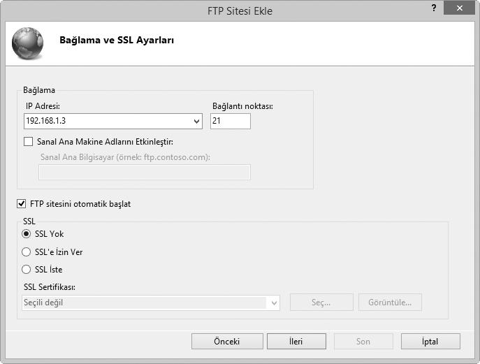 11 Bağlama ve SSL seçeneklerini seçin. 5.