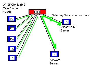 Örnekte iki farklı network işletim sistemi var: Windows NT Server ve Novell Netware Server. Client lar ise Windows 95 ve sadece network tanımlarında Microsoft Ağları için İstemci yüklü.