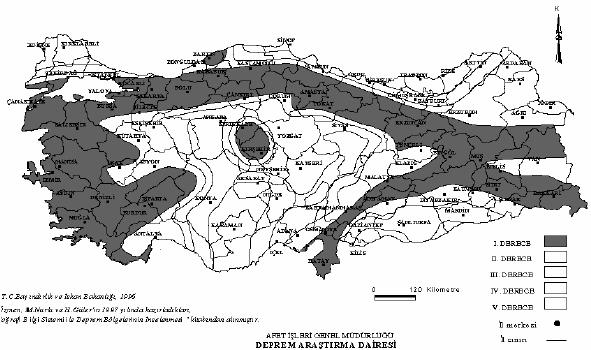 9 Şekil.4 996 yılında hazırlanan deprem ölgeleri haritaı (Türkiye Deprem Vakfı, 996) Türkiye, deprem riki akımından ölgelerin durumunu göteren deprem ölgeleri haritaında eş ölgeye ayrılmıştır. I.