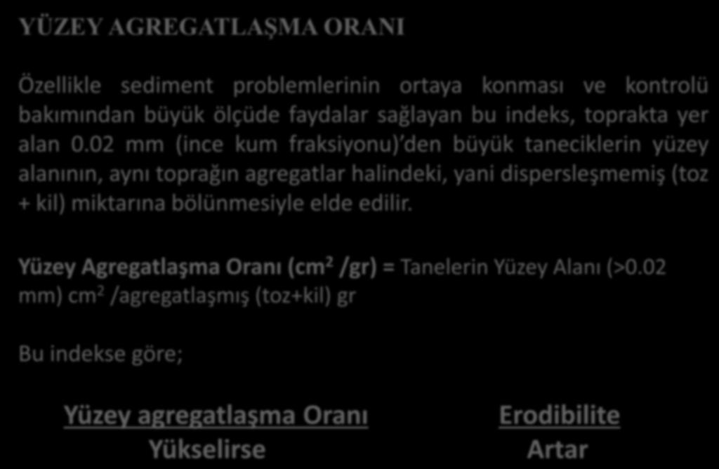 YÜZEY AGREGATLAŞMA ORANI Özellikle sediment problemlerinin ortaya konması ve kontrolü bakımından büyük ölçüde faydalar sağlayan bu indeks, toprakta yer alan 0.