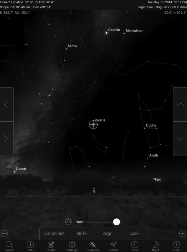 3. Cihazında, Celestron SkyPortal uygulamasını başlatınız ve Bağlan ibaresini seçiniz. Ekranınızda, YUKARI/AŞAĞI ve SOL/SAĞ okları belirecektir.