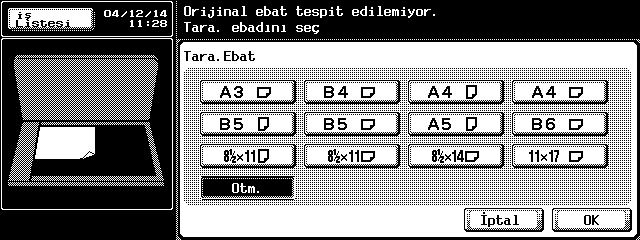 3 İletim 3.5 Tarama 3.5.1 Orijinal ebadı tespit edilemediğinde Orijinal ebadı tespit edilemediğinde Orijinalin ebadı tespit edilemiyorsa aşağıdaki ekran görüntülenir.