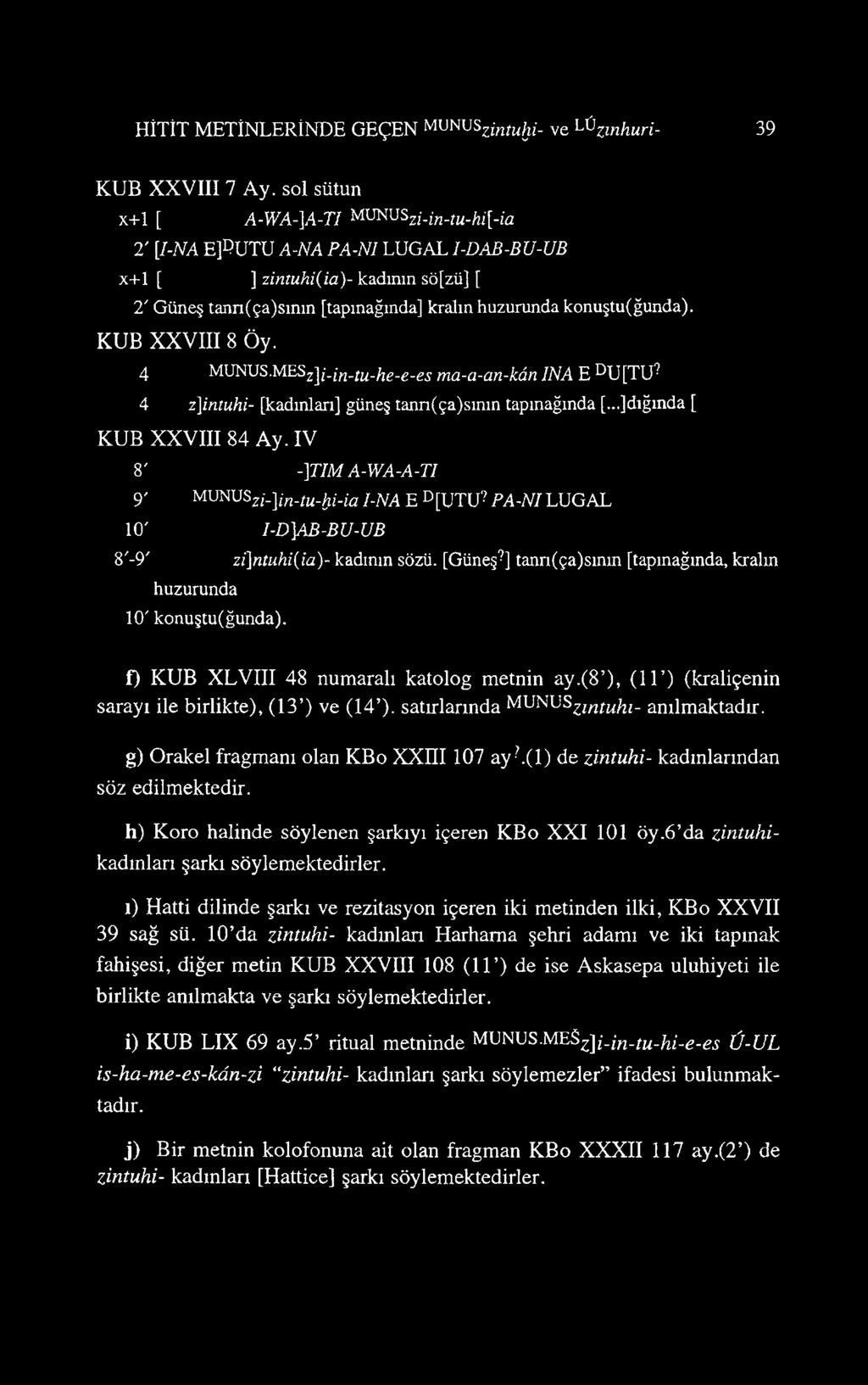 KUB XXVIII 8 Öy. 4 MUNUS.MESZji-irı-tu-he-e-es ma-a-an-kân INA E DU[TU^ 4 z]intuhi- [kadınları] güneş tann(ça)sının tapınağında [...]dığmda [ KUB XXVIII 84 Ay.