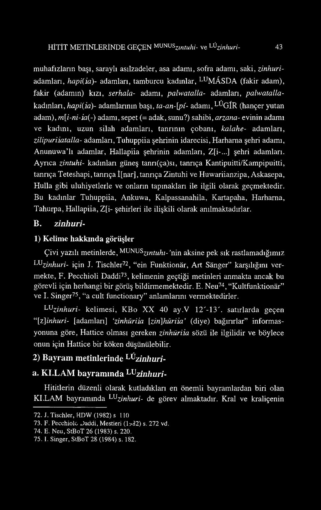 sunu?) sahibi, arzana- evinin adamı ve kadını, uzun silah adamları, tanrının çobanı, kalahe- adamları, zilipuriiaîalla- adamları, Tuhuppiia şehrinin idarecisi, Harhama şehri adamı, Anunuwa li