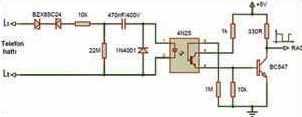 Şekil 8: Devre şeması Şekil 9 da görülen optik izolasyon devresi, telefonun kaç kez çaldığını tespit etmek için kullanılır.