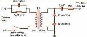 Şekil 9: Optik izolasyon devresi Telefon santrali tarafından gönderilen yüksek genlikli sinüsoidal zil sinyali, bu devrenin girişine uygulandığında devrenin çıkışından 0-5V genlikli kare dalga sinyal