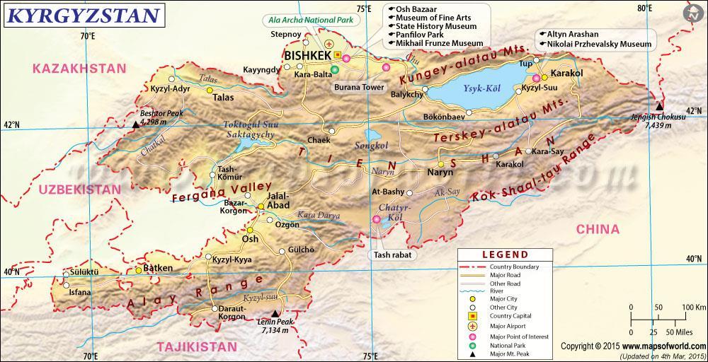 Harita 2.4.1: Kırgızistan Haritası[8]. bir debide akmaktadır. Enerji potansiyelleri birçok ülkenin ortalamasından yüksektir. Güneşlenme süresi yüksek dağlık bölge olmasına rağmen 2.