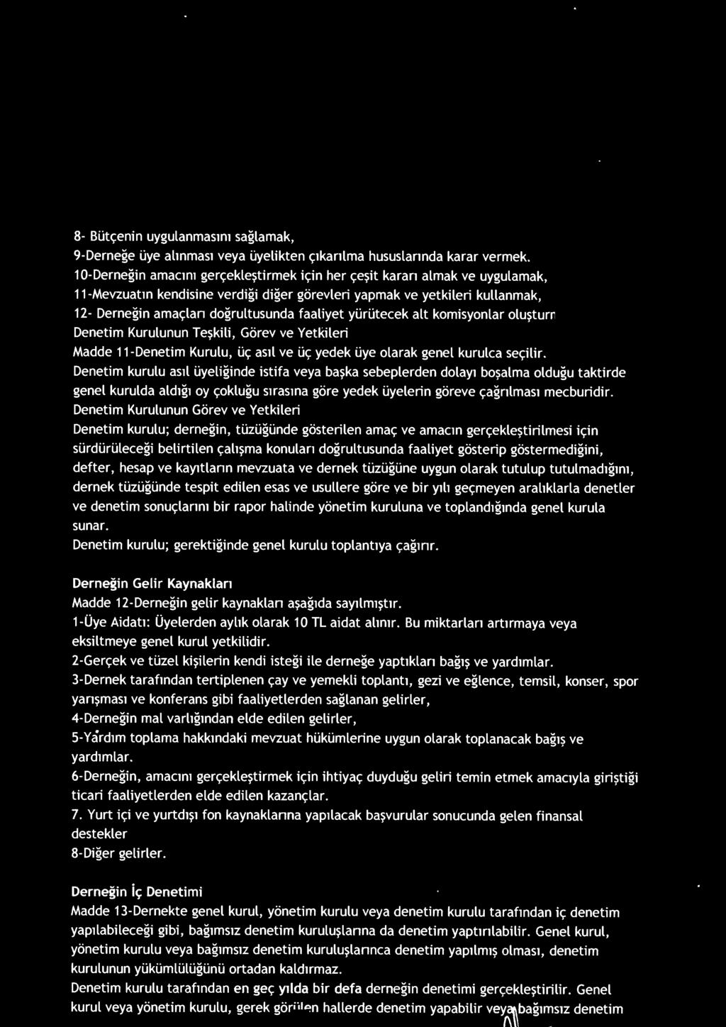 faaliyet yürütecek alt komisyonlar oluşturmak. Denetim Kurulunun Teşkili, Görev ve Yetkileri Madde 11-Denetim Kurulu, üç asıl ve üç yedek üye olarak genel kurulca seçilir.