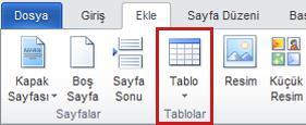 TABLO EKLEMEK Ekle / Tablo simgesi altındaki yöntemler kullanılarak farklı şekillerde tablo ekleme işlemleri yapılabilmektedir. Tabloyu eklemek istediğiniz yeri tıklatın. 1.