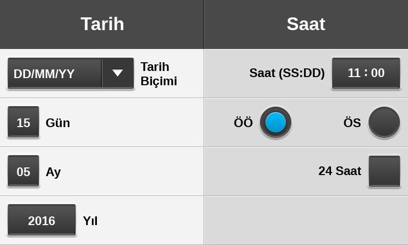 Kontrol Paneli Ayarı Ekran Kurulumu (Devamı) Tarih ve Saat 3. Tarih ve Saat ekranında, Mevcut Tarih ve Saati ayarlayabilirsiniz. Bkz. Şekil 33-1. (a) Menü, Ayar, Ekran ve Tarih/Saat öğesine basın.