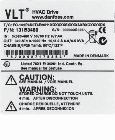 VLT HVAC Sürücü İşletim Yönergeleri 2 Giriş 2Giriş 2.1 Giriş 2.1.1 Frekans Dönüştürücü Tanımlaması 2 Aşağıda tanımlama etiketi örneği vardır.