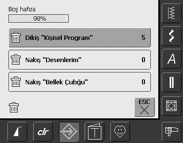 dokununuz Kiþilerin verilerini silme üç seçim seçeneði vardýr: Dilme «Kiþisel Program» Nakýþ «Tasarýmlarým» Nakýþ «Hafýza Çubuðu» (hafýza çubuðunun dikiþ bilgisayarýna takýlmasý gerekir)
