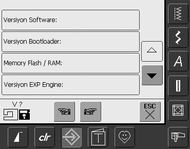 «Versiyon» açýlýr dikiþ bilgasayarýnýn geçerli olan versiyonu ve nakýþ modülü (takýlmýþ olmasý þarttýr) görülür Oklara dokunmak suretiyle, versiyon