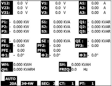 5.5 Akım Transformatörü (TC) / Güç TP (PT) Ölçümü 1. POWER tuşuyla cihazı çalıştırınız ve sonra 1Φ 3Φ tuşuyla 3Φ 4A sistemini seçiniz, seçilen sistem adı ikinci ekranın sol alt kısmında gösterilir. 2.