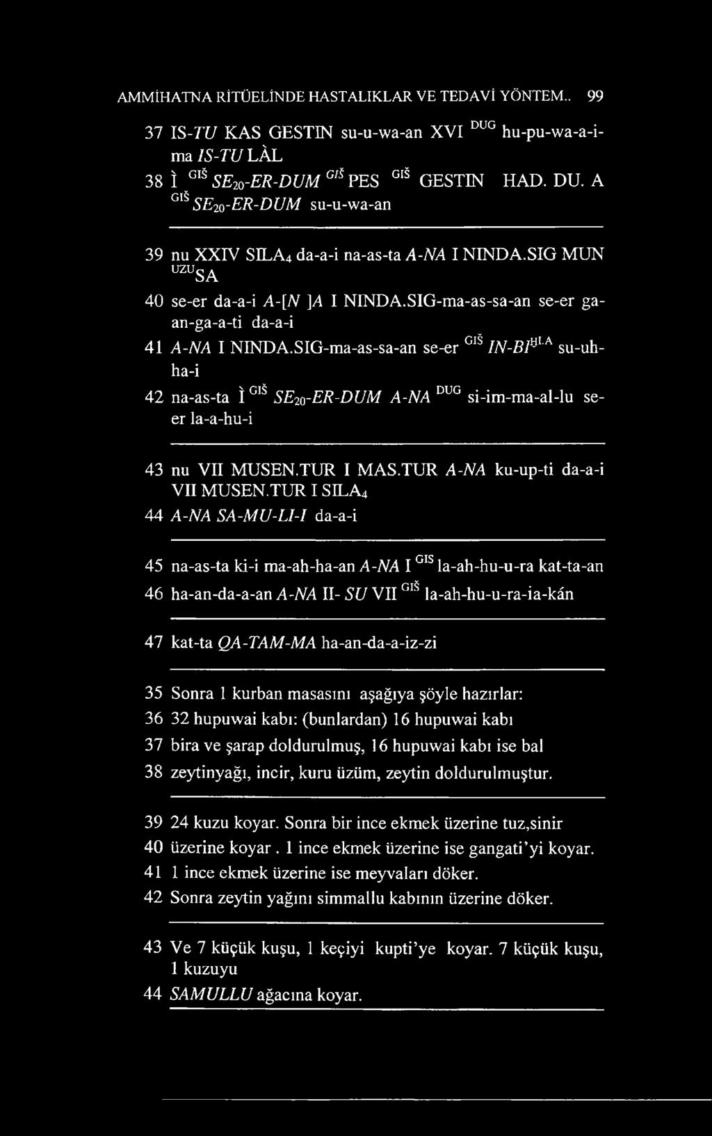 SIG-ma-as-sa-an se-er GI IN-BFia su-uhha-i 42 na-as-ta î GI SE20-ER-DUM A-NA DUG si-im-ma-al-lu seer la-a-hu-i 43 nu VII MUSEN.TUR I M AS.TUR A-NA ku-up-ti da-a-i VII MUSEN.