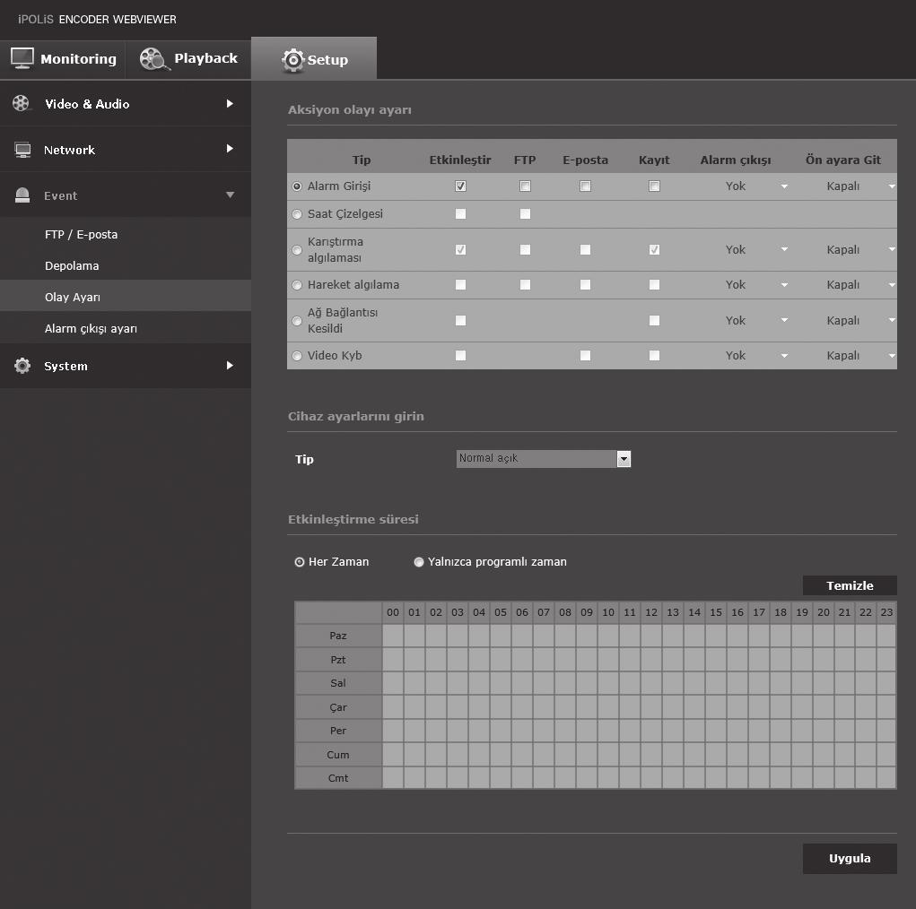 ayarlar ekranı Alarm Girişi Alarm giriş türünü, etkinleştirme zamanını ve çalıştırma modunu ayarlayabilirsiniz. 1. Ayar menüsünden, <Event ( )> sekmesini seçin. 2. <Olay Ayarı> öğesine tıklayın. 3.