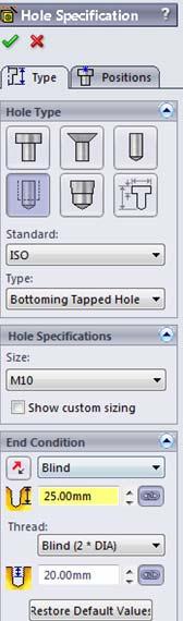 268 Tap (Vidalı Delik Açma): Hole Specification diyalog kutusu Standard, ISO vb. seçim yapılır. Screw type (vida tipi), Size, vida anma ölçüsü seçilir.