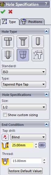 269 Pipetap (Boru Vidası Açma): Hole Specification diyalog kutusu Standard, ISO vb. seçim yapılır. Screw type (vida tipi), Size, vida anma ölçüsü seçilir.