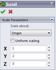 Scale Özellik Yöneticisinde, sabit kalacak olan noktanın belirlendiği Scale about seçenekleri; Centroid: