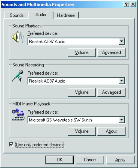7.2.4.2 Windows 2000 kullanõcõlarõ için 1 Gelişmiş... e tõklayarak Ses ve Multimedya Özellikleri penceresini açõn. 7.